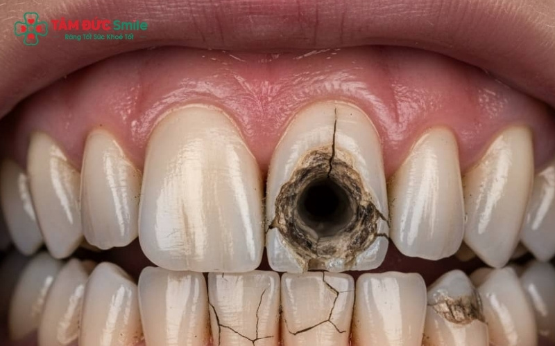  Vi khuẩn trong mảng bám sản sinh axit phá hủy các mô cứng, kết hợp với tình trạng viêm tủy khiến răng mất đi nguồn nuôi dưỡng, trở nên giòn và dễ bị mục nát.